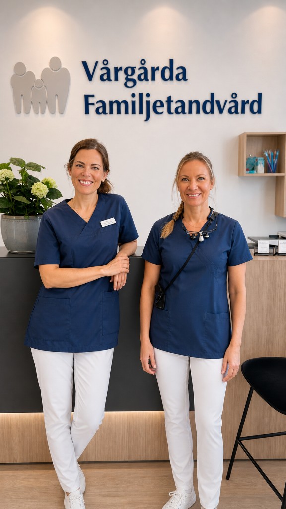 Två medarbetare på Vårgårda Familjetandvård står framför klinikens logotyp